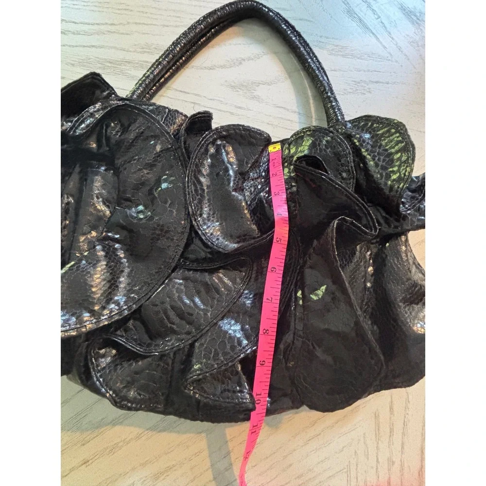 Sondra Roberts Black Faux Snakeskin Ruffle Hobo Bag Patent Tiered Petal Shoulder